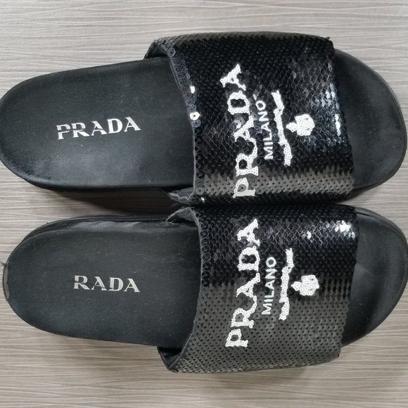 PRADA Logo Sequin Slide Sandal, Black, Womens Size 7.5US / 37.5EU - Picture 8 of 11